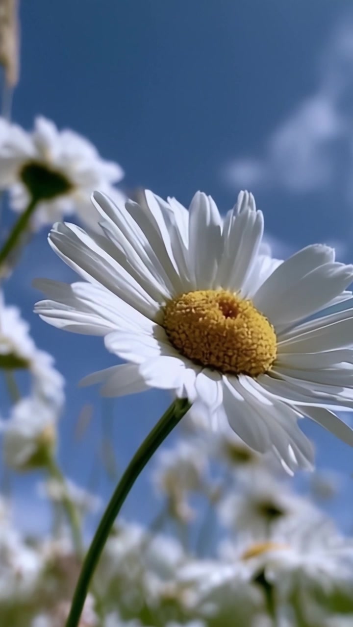 Una splendida vista ravvicinata di margherite vivaci sotto un cielo azzurro limpido, che mostrano i loro delicati petali bianchi e il centro giallo brillante contro uno sfondo naturale sereno.