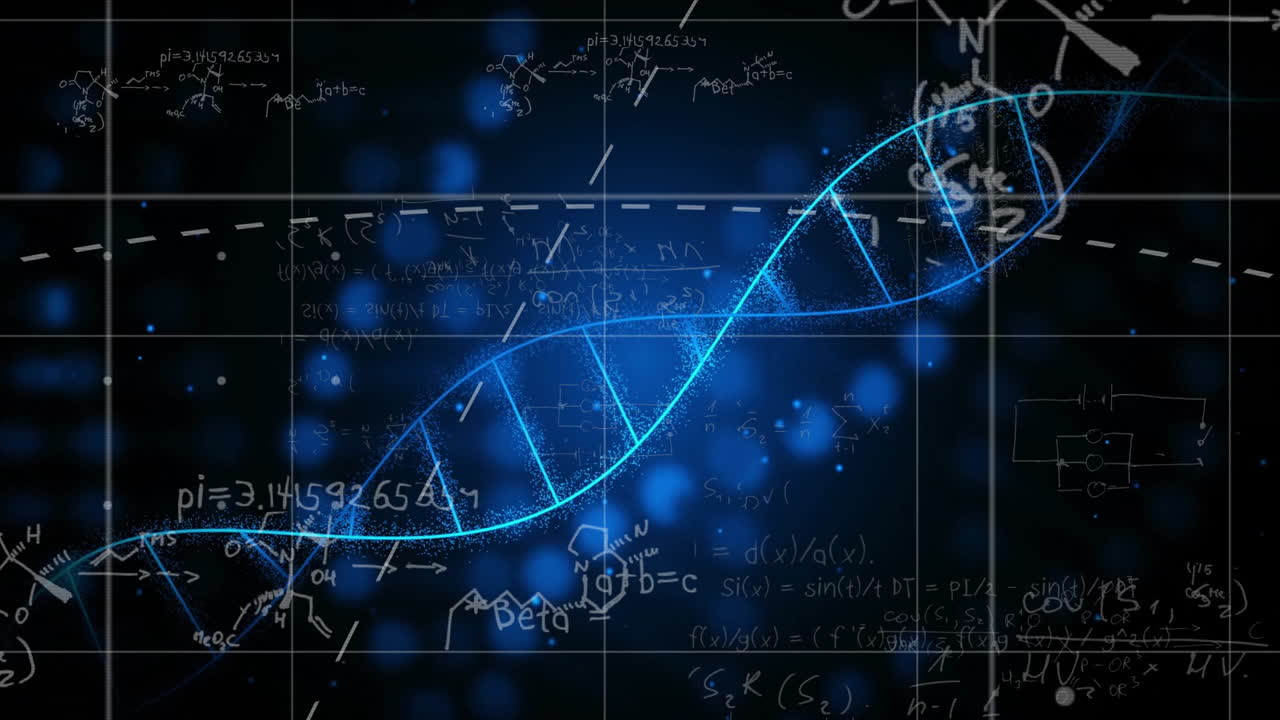 수학적 방정식과 그래프와 파란색 dna 스트랜드 애니메이션