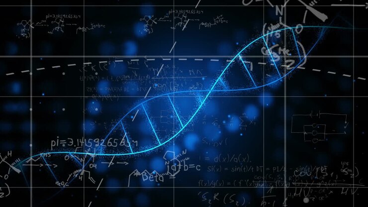 Equações matemáticas e gráficos sobre animação de fita de DNA azul