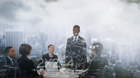 animation of data processing over diverse business people in office