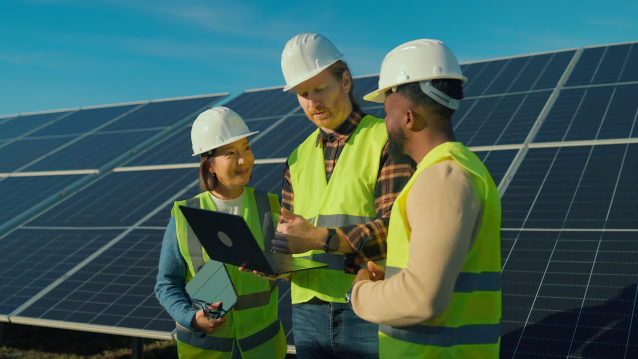 Team of Engineers Inspecting Solar Panel Installation