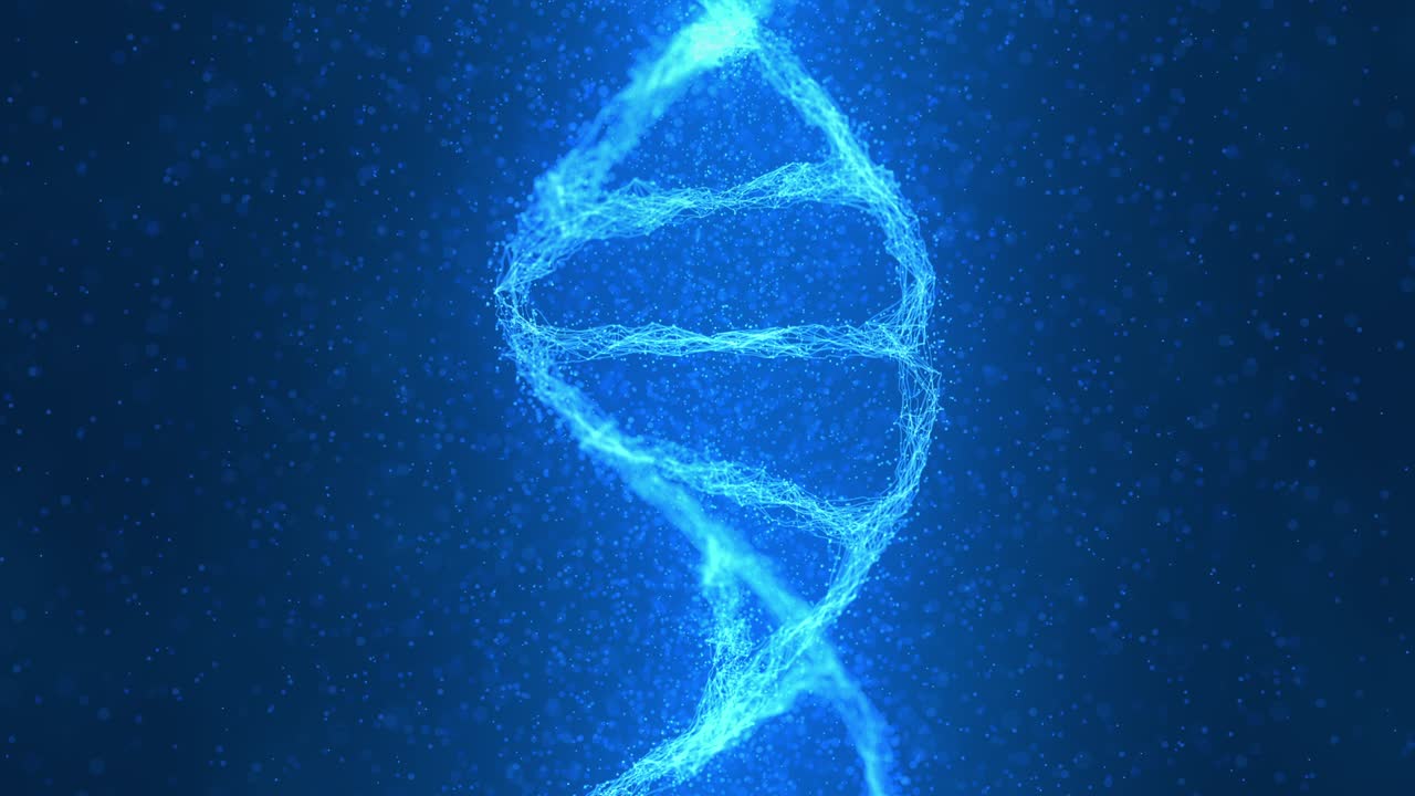 partículas de doble hélice de adn en fondo digital futurista abstracto para ciencia y tecnología en azul