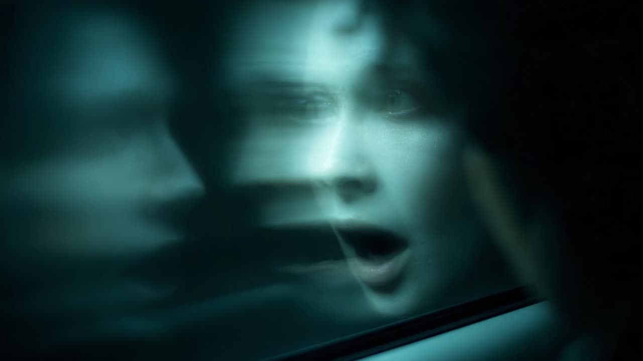 An Intense Capture of Emotions as Reflections in Glass Convey Distress and Curiosity with a Haunting Atmosphere in a Cinematic Sequence