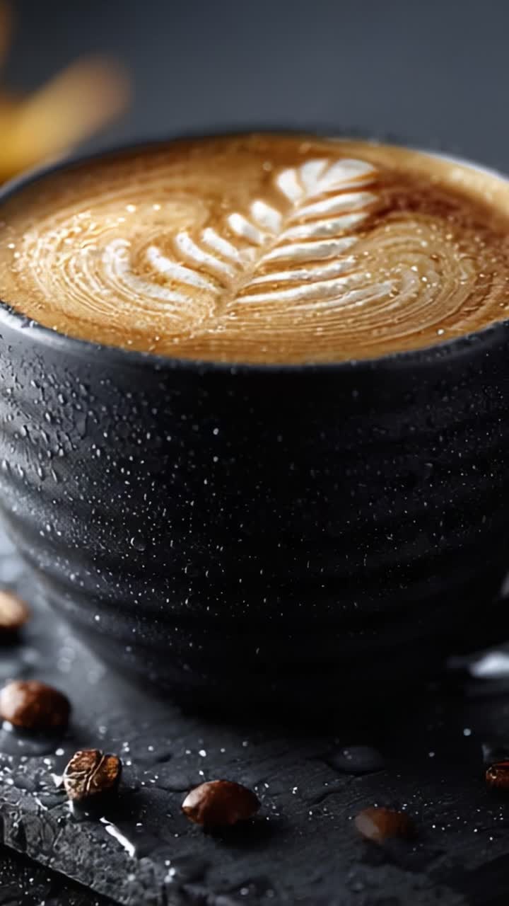 Un primo piano accattivante di una bevanda al caffè splendidamente realizzata in una tazza scura, che mette in mostra un intricato design di latte art sulla ricchezza cremosa dell'espresso