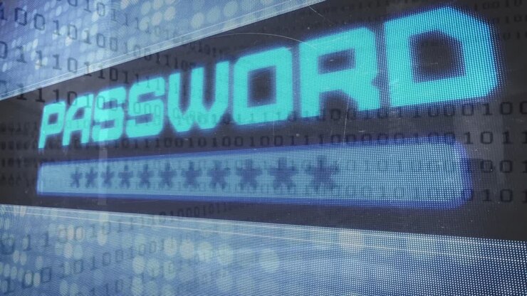 Animation of password text and binary coding data processing over blue background