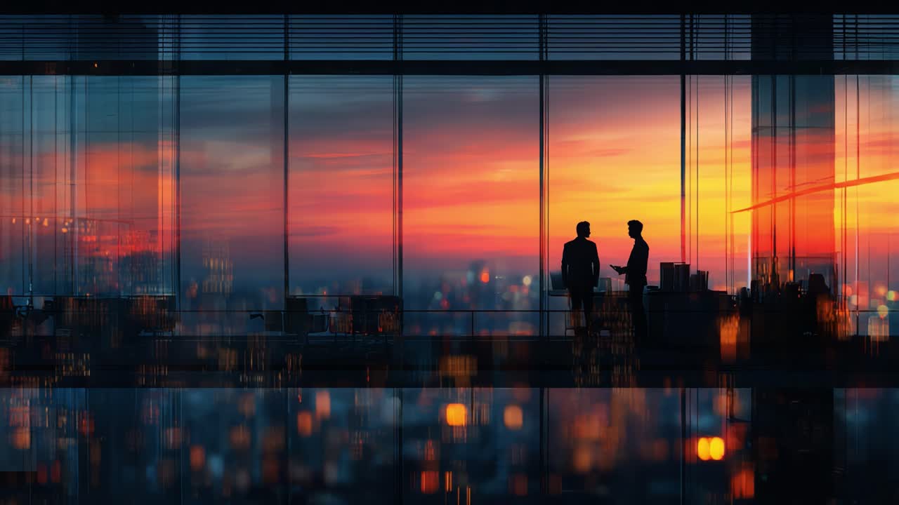 Siluetas de figuras conversando profundamente con una impresionante puesta de sol que da a un paisaje urbano, iluminado por luces nocturnas y superficies reflectantes dentro de una oficina de gran altura