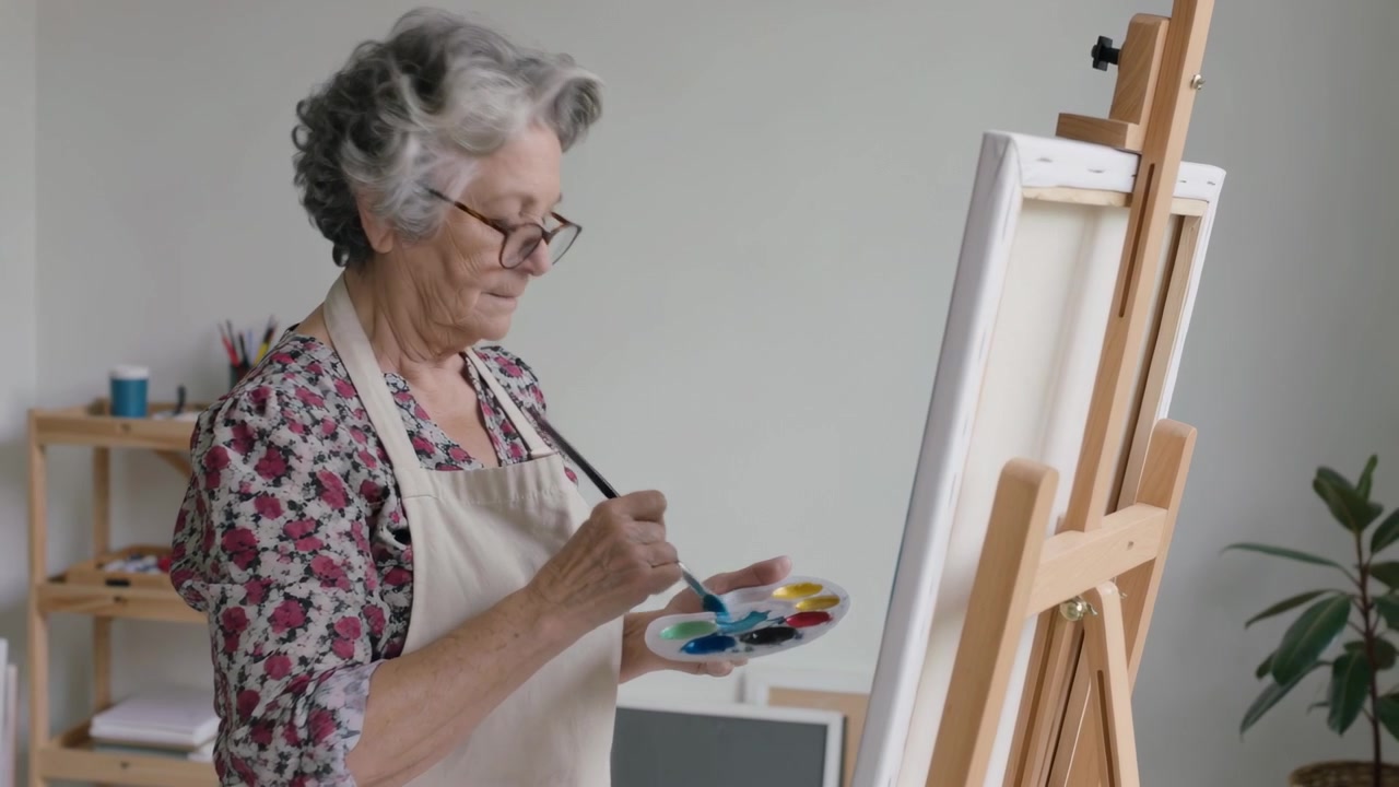 Mulher inspecionando a tela, misturando azul na paleta e finalizando a pintura em casa, com avental e óculos.