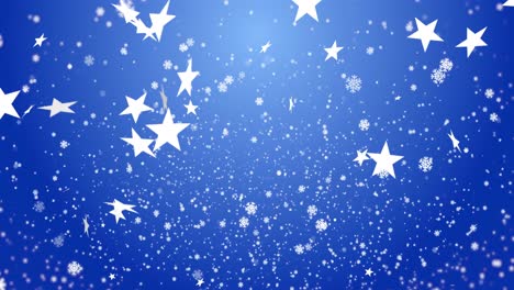 animation of snowflakes and stars on blue background