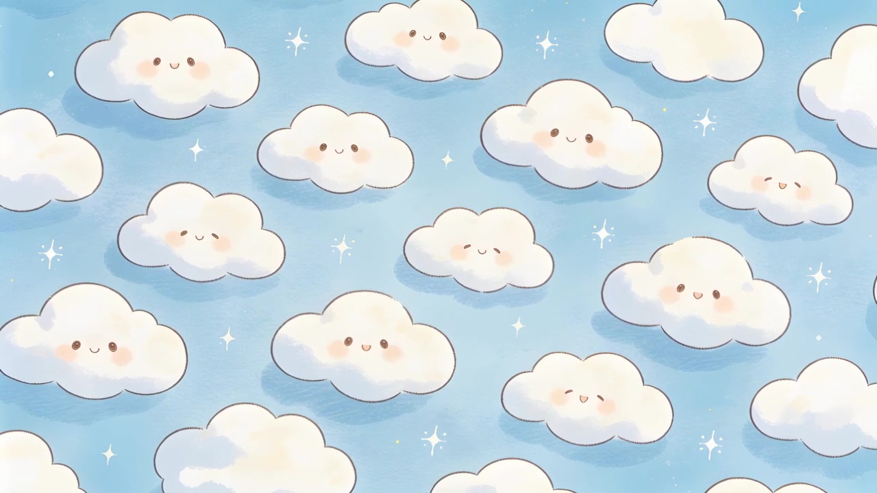 Loop starting smiling cartoon clouds and sparkles drifting across pastel blue background as decor