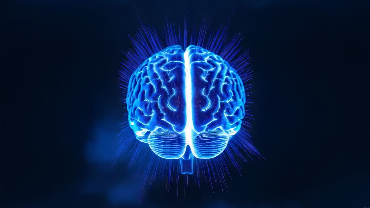 Animating neon-blue brain model rotating in void, radiating light spikes for 360° view