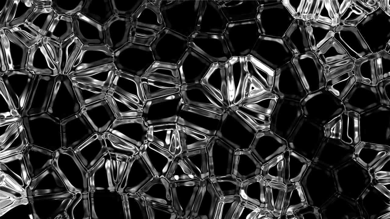 Grafica in movimento 4K di alta qualità caratterizzata da un motivo cellulare dinamico e organico. La tassellazione di Voronoi e l'estetica di reazione-diffusione creano una texture fluida e vivente. Animazione.