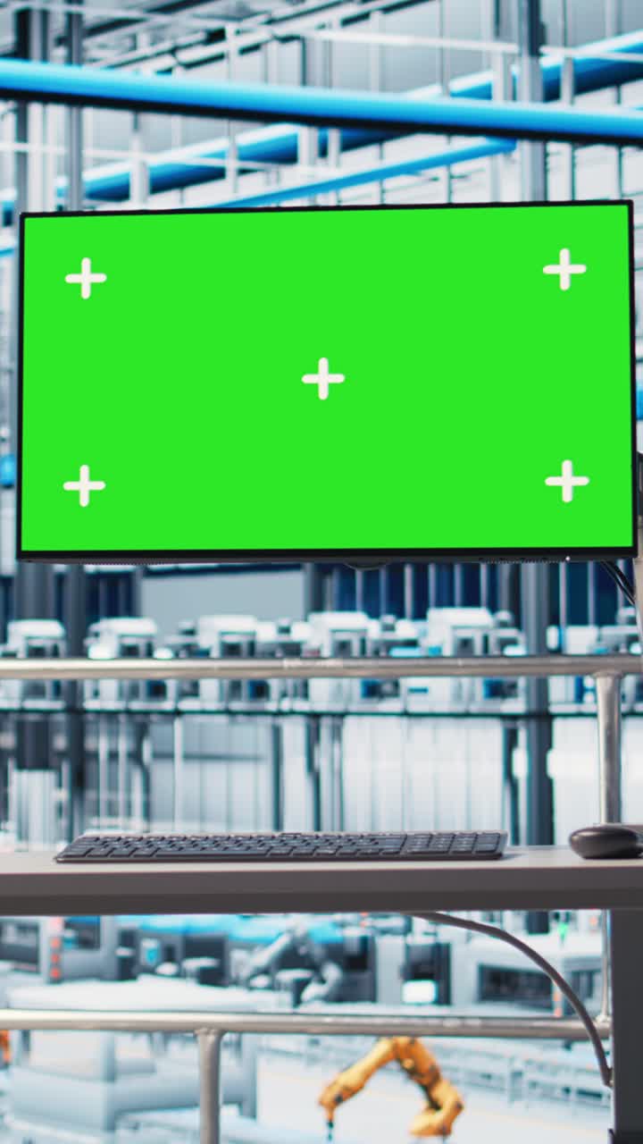Vertical video Green screen monitor displays analytics dashboard for industry 4.0 smart factory