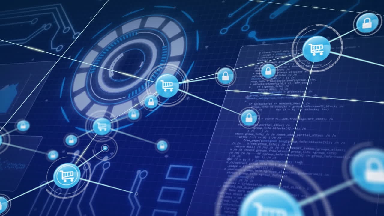 iconas de carrito de compras digitales y bloqueo de seguridad animación conectada, que muestra la seguridad del comercio electrónico