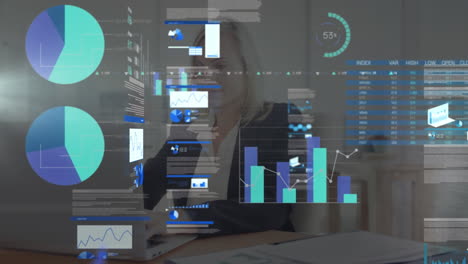 animation of financial data processing over caucasian businesswoman in office