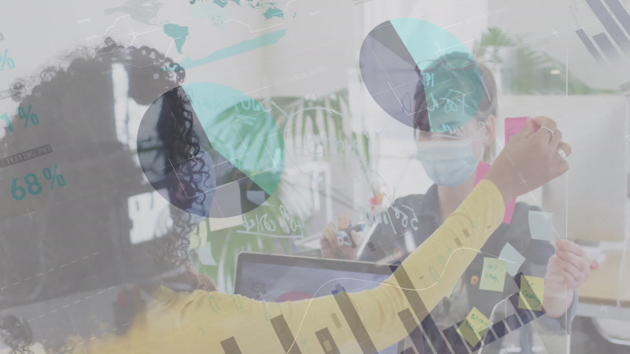 анимация цифрового интерфейса, показывающая статистику с коллегами в офисе, носящими маски