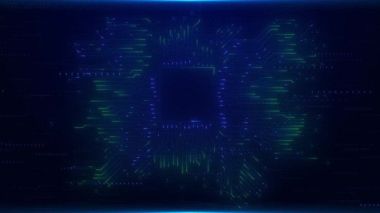 Digital circuit board glows blue showcasing central plexus chip connection tech innovation visuals