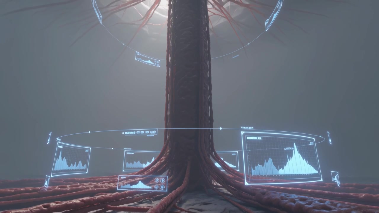 Tilting camera revealing pulsing organic column in mist chamber with holo ring for monitoring