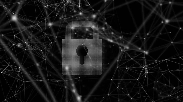 Digital animation of network of connections over security padlock icon on black background