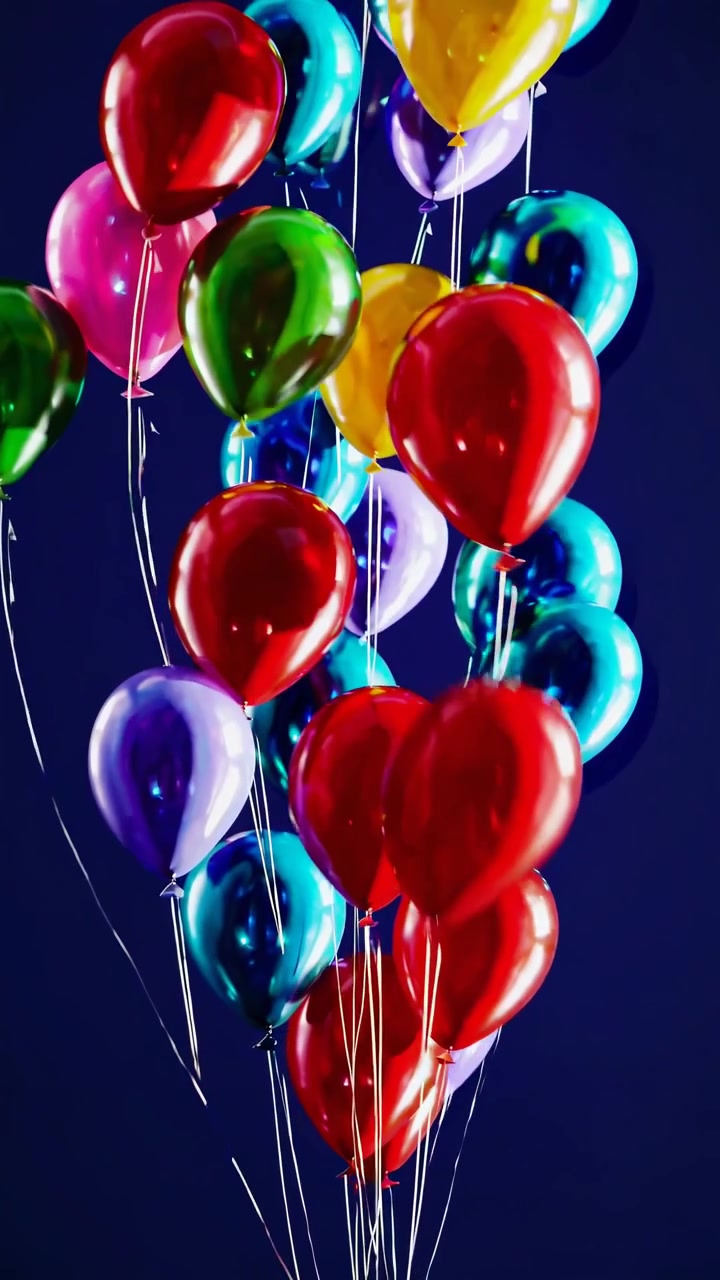 Palloncini multicolori lucidi che si innalzano su uno sfondo blu intenso