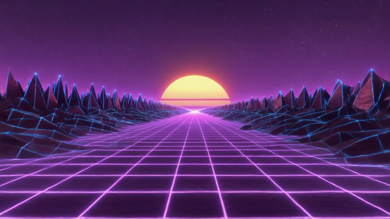 Strada a griglia Retrowave verso un tramonto in un paesaggio digitale