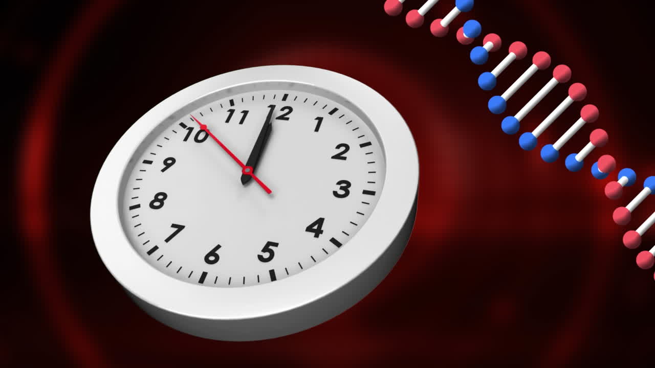 Animation of clock moving over dna strand on red and black background
