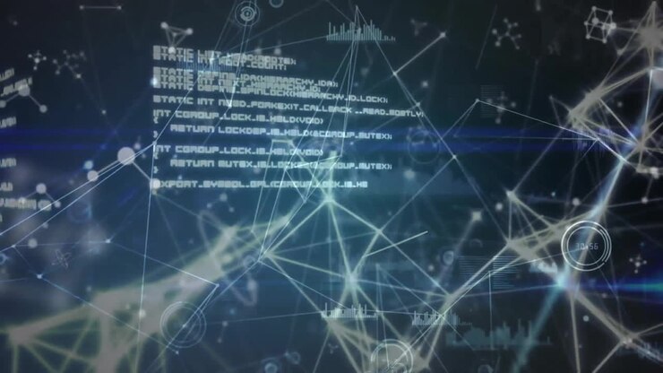 Animation of network of connections and data processing on blue background