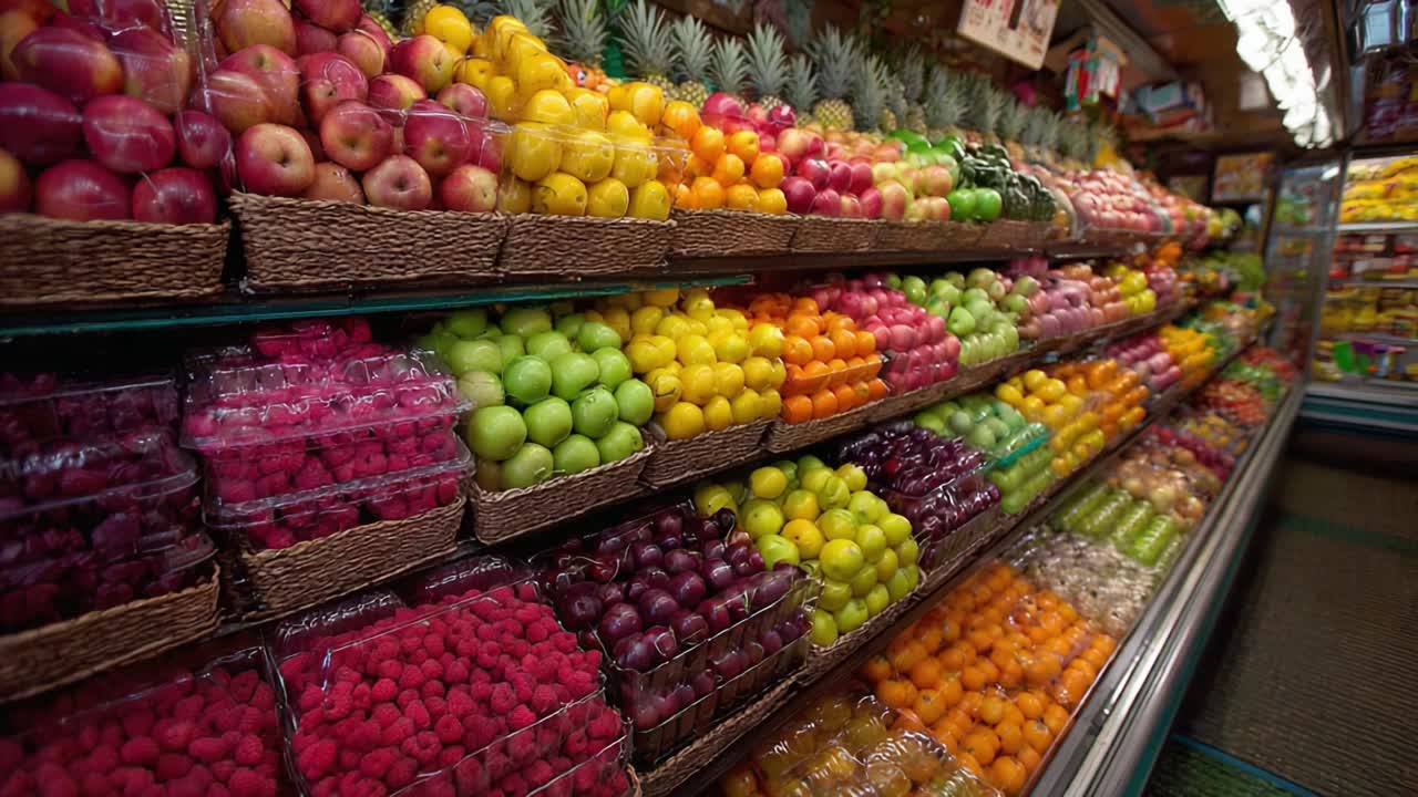 Uma vitrine vibrante de frutas frescas com uma variedade colorida, incluindo maçãs, uvas, bananas, abacaxis e frutas vermelhas em um ambiente de mercado