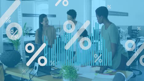 animación de porcentajes y gráficos sobre diversas trabajadoras en la oficina