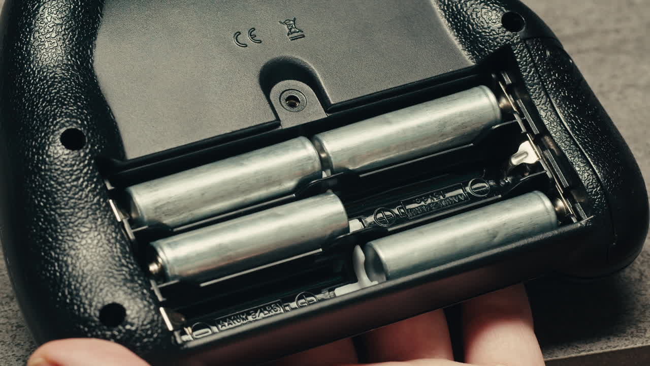 Adding silver batteries AA and AAA in console close-up. Batteries are common in portable electronic devices. An AA battery is composed of a single electrochemical cell that may be either a primary battery or a rechargeable battery. Several different chemistries are used in their construction.