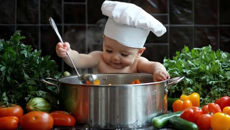 a baby in a chef's hat is cooking in a pot with vegetables