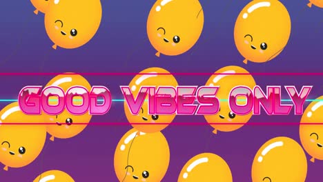 Animation-of-the-words-good-vibes-only-in-pink-with-floating-orange-balloons-on-purple