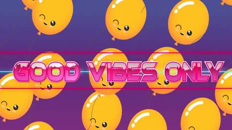 animación de las palabras buenas vibraciones sólo en rosa con globos naranjas flotantes en púrpura