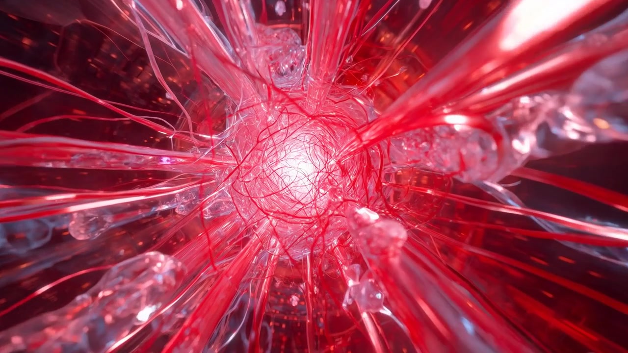 Brightening core driving filaments, tubes and droplets flowing at microscope as camera moving