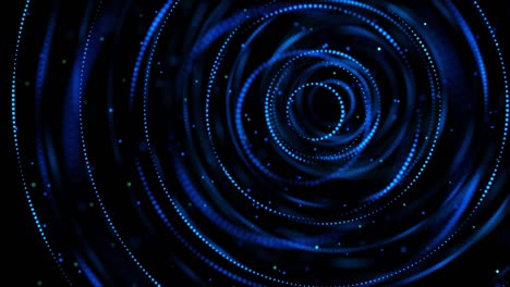 animación abstracta de líneas de neón que giran en un hermoso túnel de neón y partículas flotantes en el fondo negro. animación. abstracción túnel de luz de círculos y partículas de brillo