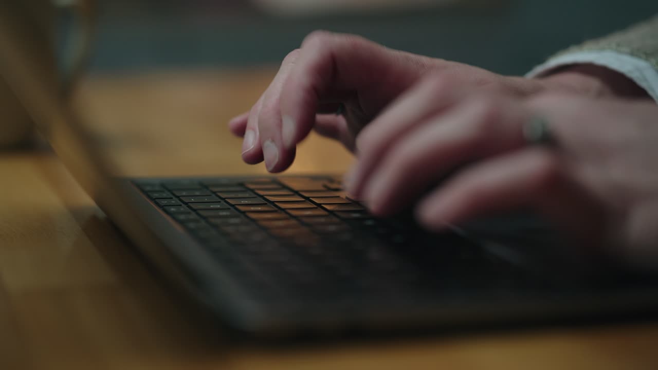 An extreme close-up of hands typing on a laptop keyboard in a cozy home. Soft lighting reflects off the keys, creating a focused and intimate atmosphere.