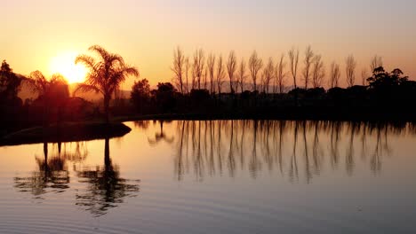 Stunning-reflection-of-trees-during-golden-sunset-over-farm-dam