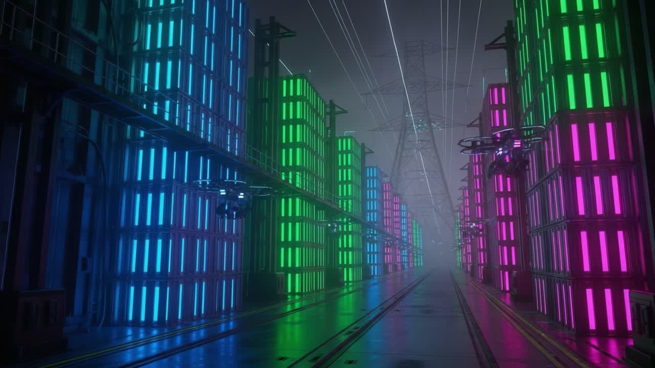 A captivating futuristic scene showcasing vibrant neon lights illuminating a corridor filled with towering structures and hovering drones, creating a mesmerizing interplay of technology and color
