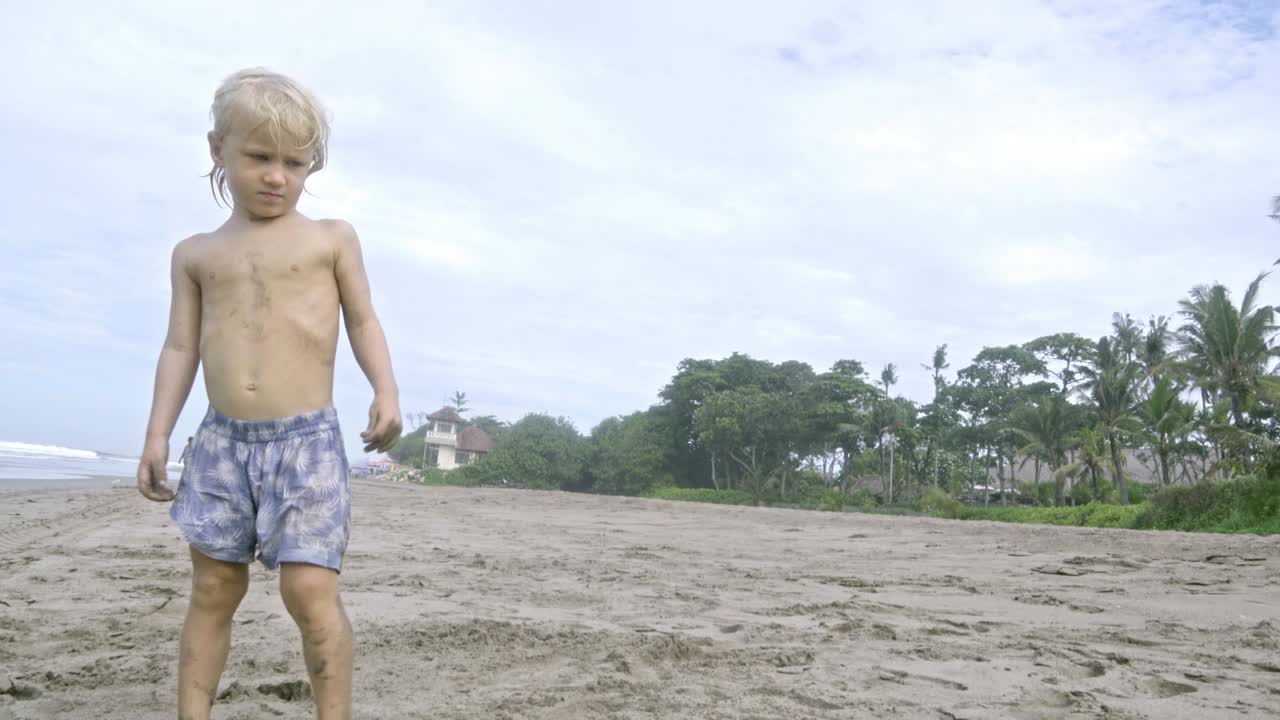 작은 소년과 개가 해변에서 놀고 있다