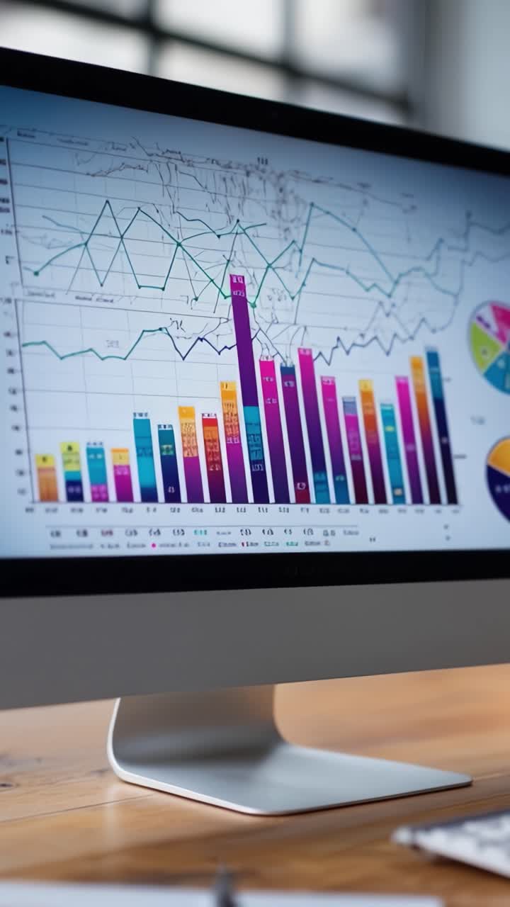 Dynamisk datavisualisering på en dataskjerm med fargerike grafer og diagrammer for effektiv analyse av trender og forretningsresultater.