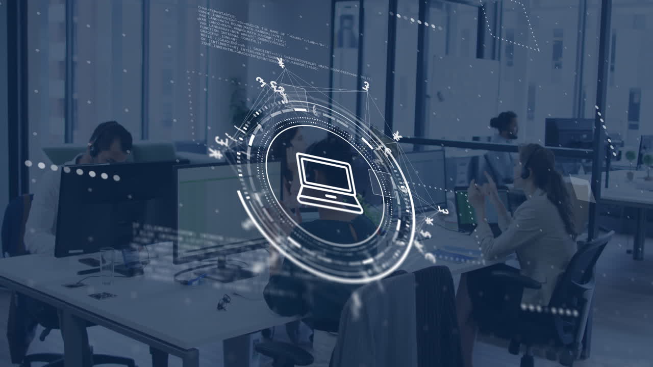 Animation of laptop, currency signs and data processing over diverse people in office