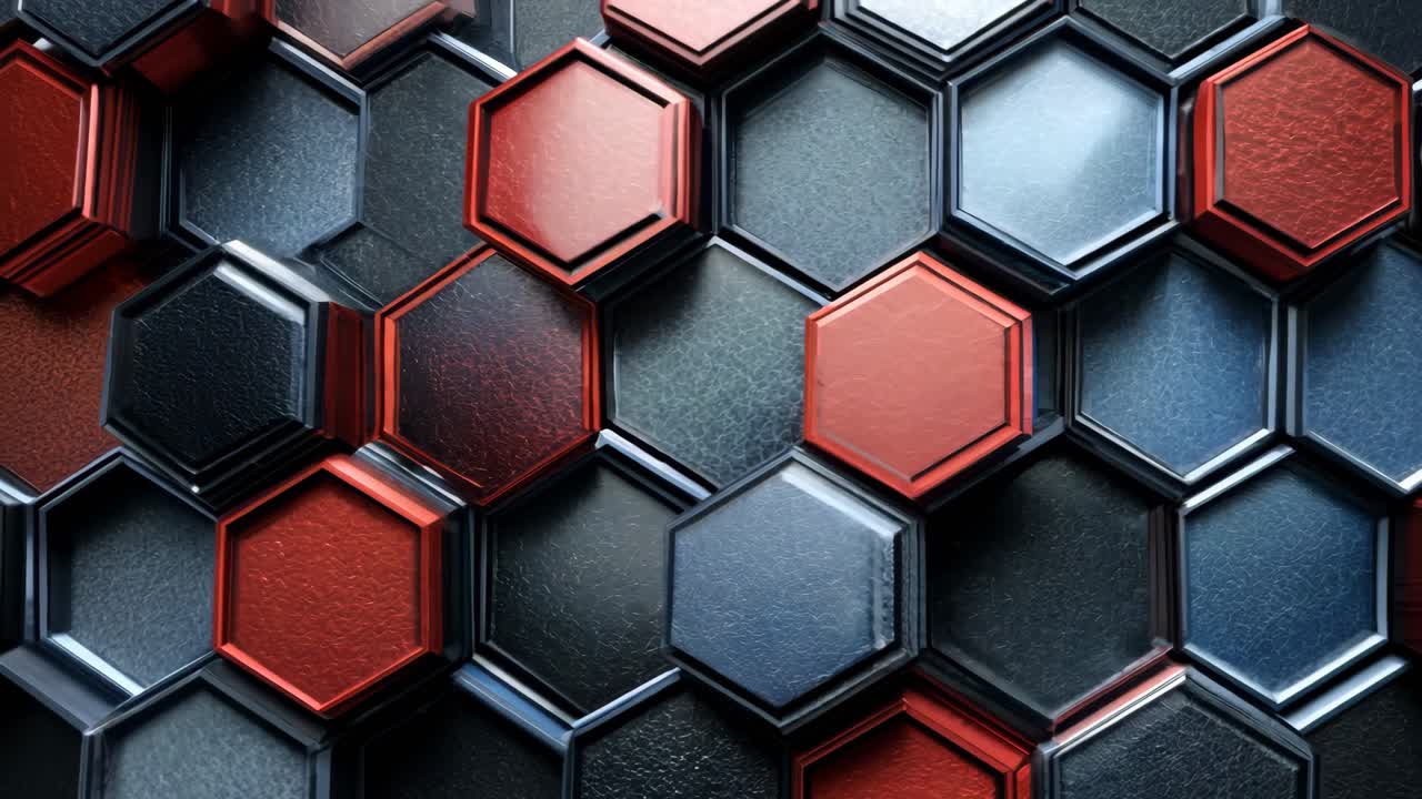 A colorful pattern of hexagons and squares. The colors are red, blue, and black. The pattern is abstract and has a modern feel to it