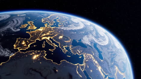 earth's european region at night, with storm systems