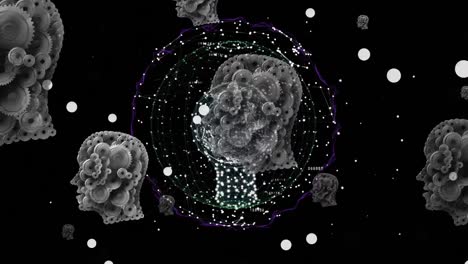 animación de engranajes gráficos cerebros humanos moviéndose sobre un globo giratorio digital sobre un fondo negro