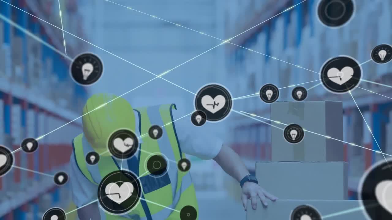 animación de la red de conexiones con iconos sobre el hombre escribiendo en el clipboard en el almacén