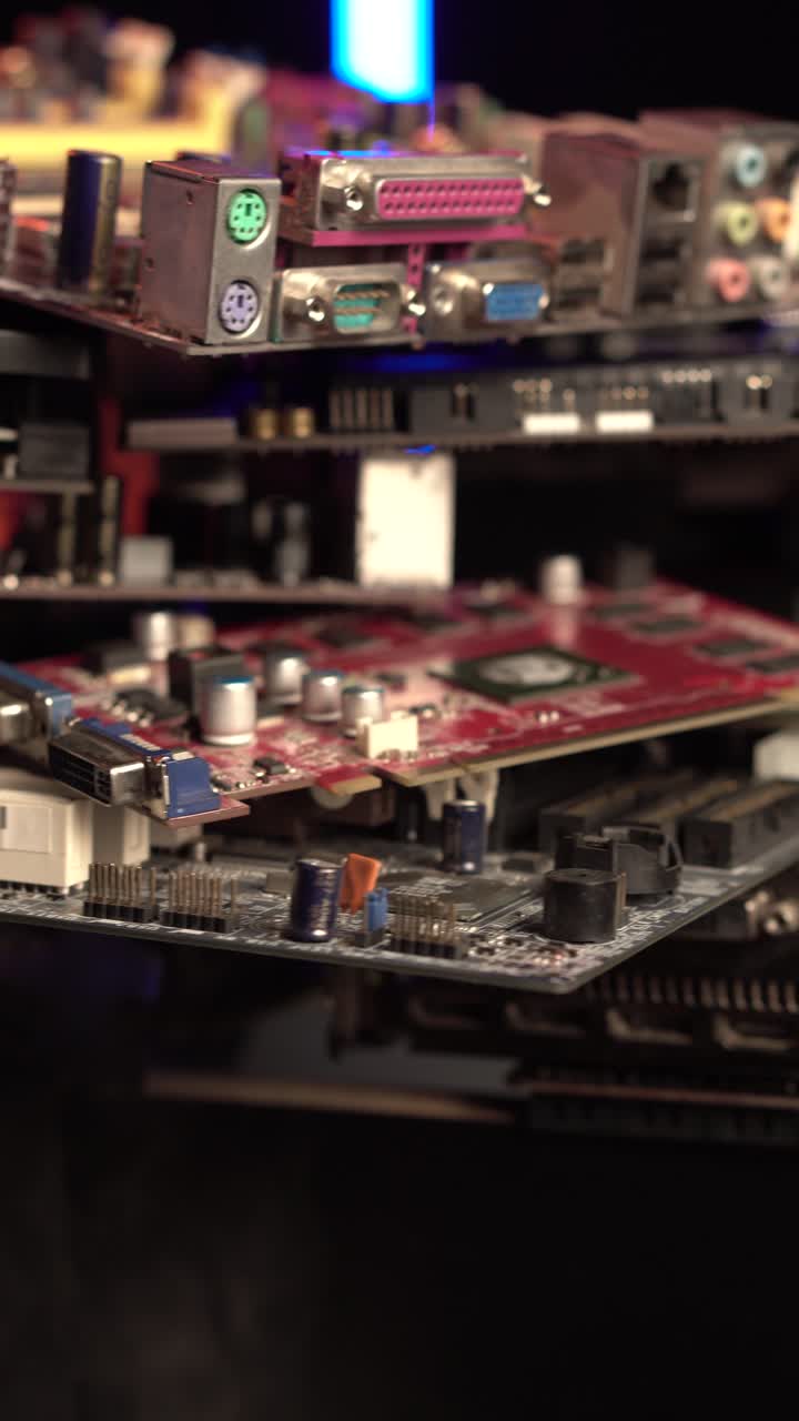 Vertical View, Heap of Computer Parts, Motherboards, Graphic Cards, Electronic Waste, Close Up