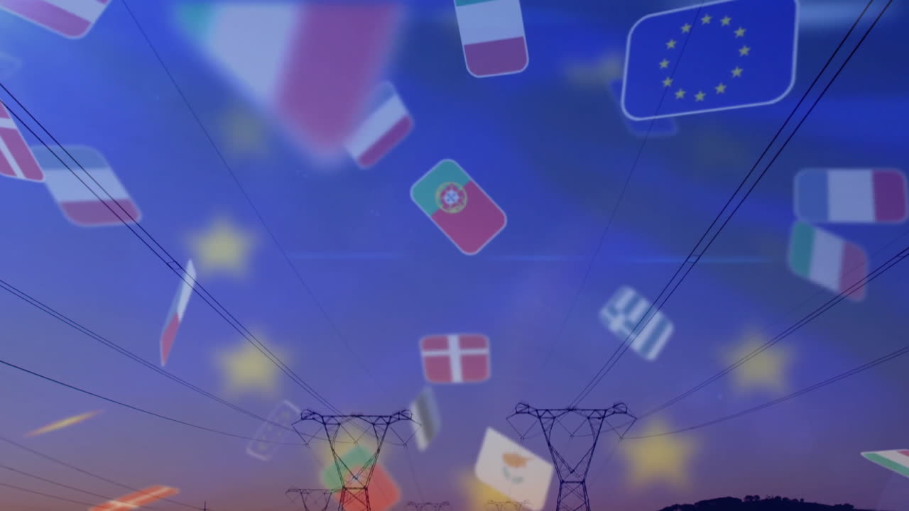 showing silhouetted high-voltage pylons under floating European flag icons with glowing EU stars
