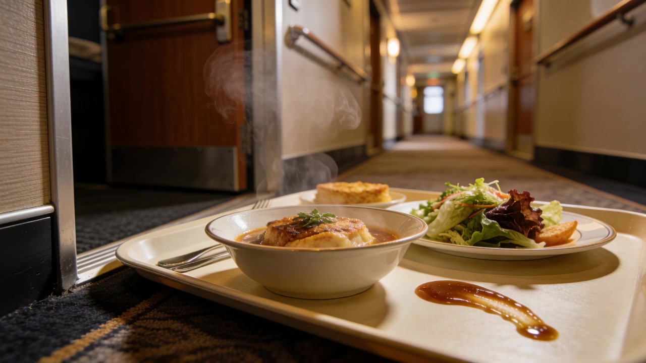 Ober plaatst dienblad in gastenkamer en stapt terug in hotelfoyer met warme saladekom.