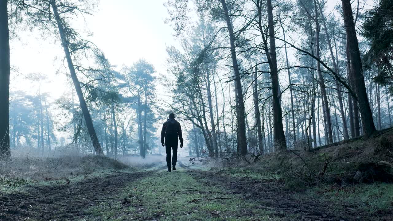 A young man walks along a forest path in Texel, Netherlands, on a cold, misty day. Bare trees and frost-covered ground create a quiet, wintry atmosphere filled with solitude and natural beauty