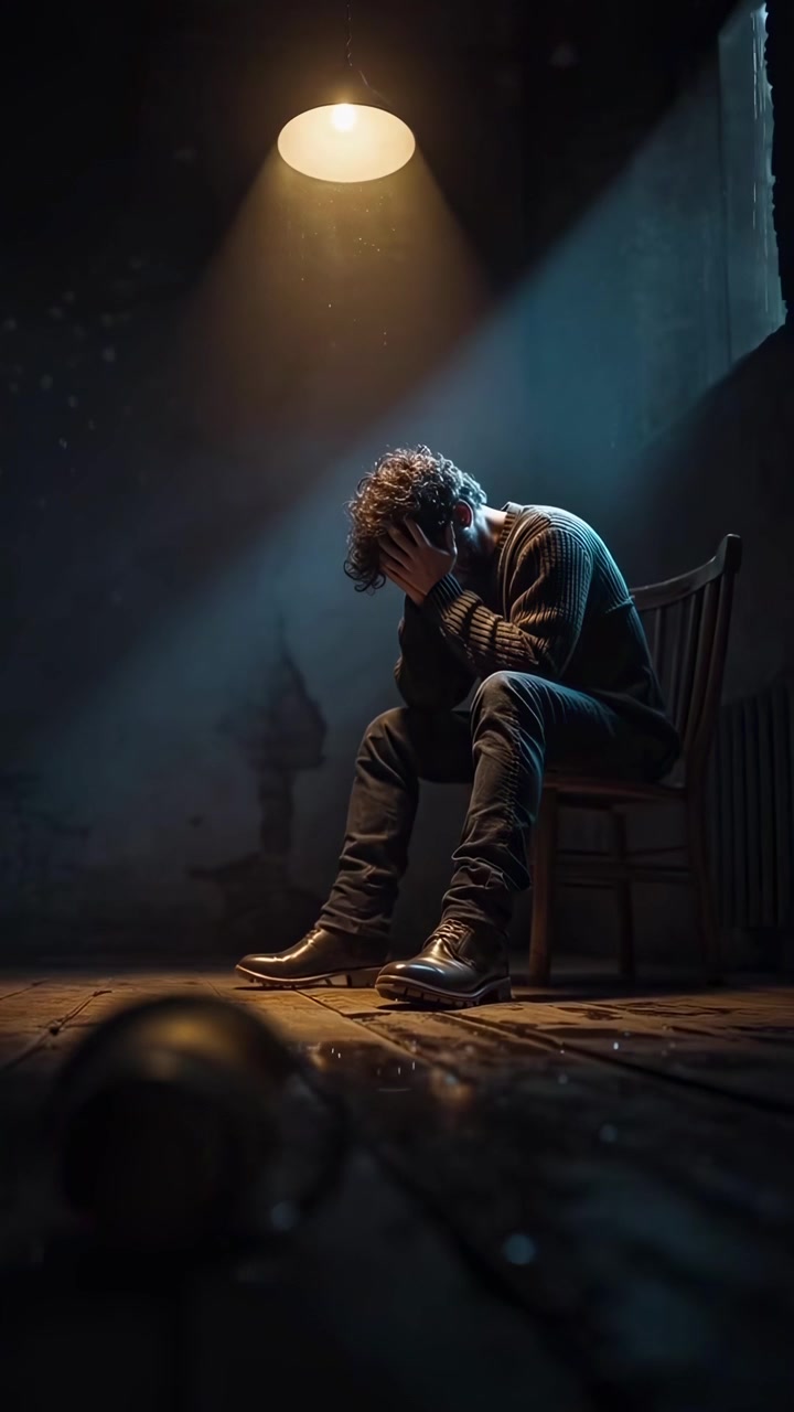 Depressed Man Sitting Alone in a Dark, Dimly Lit Room