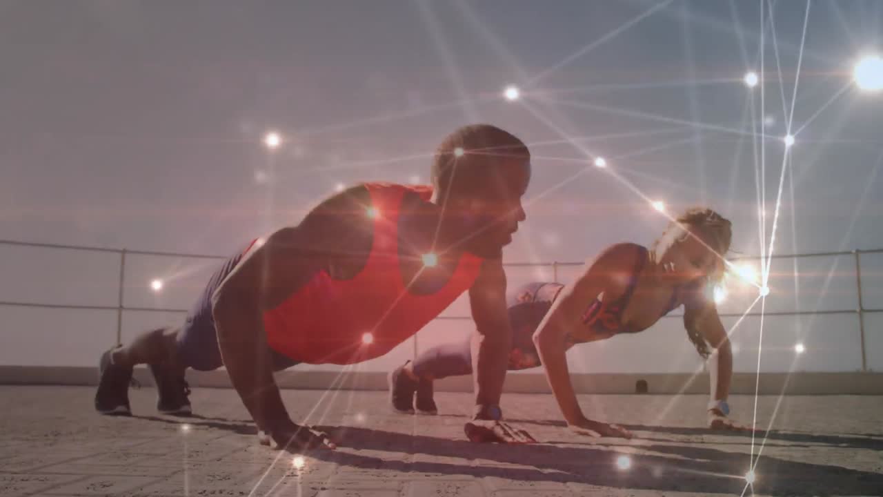 animación de la red de conexiones sobre mujeres y hombres que hacen ejercicio al aire libre